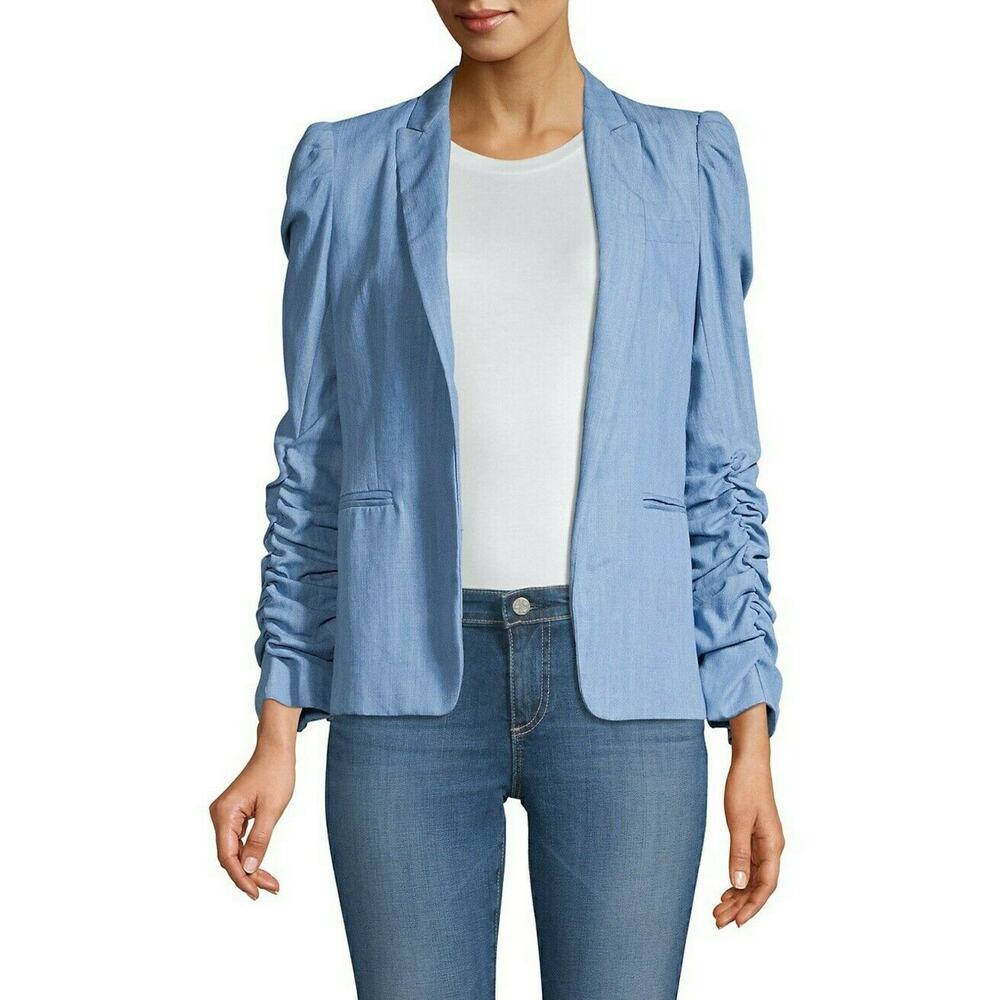 GENERATION LOVE Juniper blue open front blazer ruched sleeve jacket Size L NEW - Picture 3 of 9